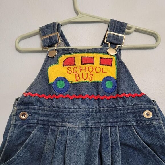 Vintage 90s Y2K Denim Overalls Pleated School Bus ABC's Girls Size 12-month - Picture 3 of 9